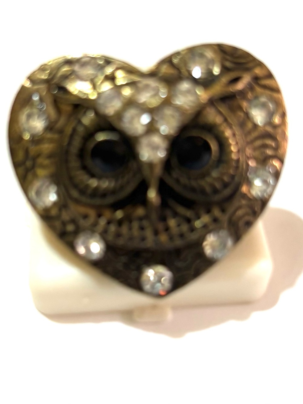 Bronze Owl Heart Accent with Clear Crystal Accents ring